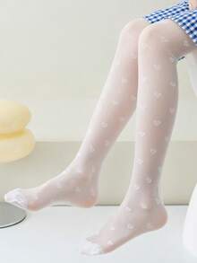 1pc Girls Children White, Black, Heart Pattern Jacquard High Stretch Footless Tights, Mesh Leggings, Comfortable Leggings, School Style Dance Pants, Suitable For Back To School Season/Spring Summer All Year Round Thin Version - Multicolor - View 8