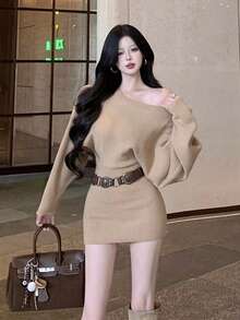2025 New Y6Y Off-Shoulder Long Sleeve Sweater Dress With Belt, Sexy & Slimming Bodycon Dress For Women, Autumn