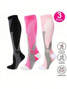 3 Pairs Women's Black/Pink/Light Pink Athletic Pattern High Elastic Compression Sports Style Knee-High Socks, Suitable For Running And Fitness - Multicolor - View 6