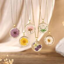 1pc Personalized Bohemian Style Resin Dried Flower Oval Pendant Necklace, With A Variety Of Stainless Steel Chains To Choose From, Water Droplet Birthflower Jewelry, Elegant And Fashionable Daily Wear Pendant, Perfect Gift For Girlfriends, Boyfriends, Wives, Anniversaries, Valentine's Day, Mother's Day, Birthdays And Special Occasions - Gold - View 3