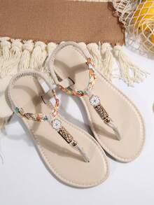 女士波西米亚风编织串珠平底人字拖凉鞋，夏季沙滩装 - 米色 - 查看 6