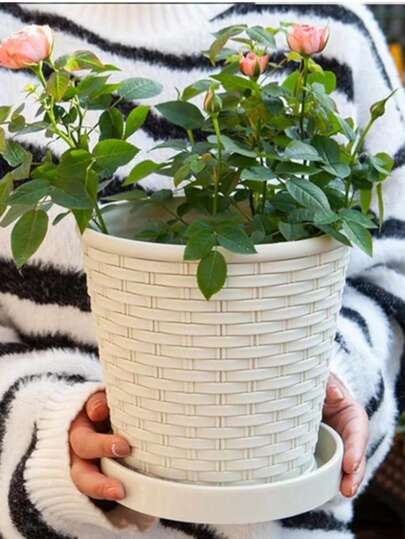 Thickened Faux Bamboo Woven Resin Planter, Reinforced Minimalist Greenery Pot, Nordic Style, Indoor Outdoor Balcony Flower Pot, Plastic Planter With Drainage Hole And Tray, Suitable For Planting Pothos, Succulents, Flowers And Other Potted Plants, Garden, Gardening, Gardening Gift, Flower Pot, Indoor Plant Pot