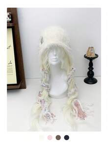 1pc Fluffy Frizzy Pink Hat, Cute & Sweet Knitted Beanie For Women, Versatile Ear Warmer Hat, Autumn/Winter - Fluffy Colorful Braided Knit Hat - View 5