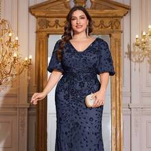 hezixi 加大码女式高品质弹力亮片修身 V 领灯笼袖优雅礼服，适合派对、庆典、晚装、新娘母亲礼服（重工） - 藏蓝色 - 查看 11