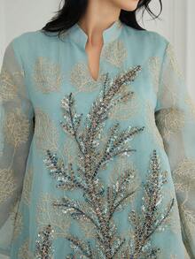 Solessence Đầm dài tay cổ đứng đính sequin sang trọng, màu xanh nhạt thanh lịch, thích hợp cho công sở và dự tiệc mùa xuân. - NC90 - Xem 3
