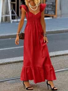 女士春夏连衣裙，红色，时尚休闲，纯色，简约舒适，无肩带设计，优雅短袖连衣裙