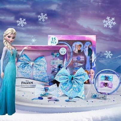  15pcs Disney Hair Accessories Gift Box, Frozen Creative & Exquisite Children's Hair Accessories Toys, Elsa Headband, Hair Ties, Hair Clips, Hair Brush, Mirror Set, Frozen Roleplay Game Props, Perfect Gift For Elsa Girls Birthday & Holidays