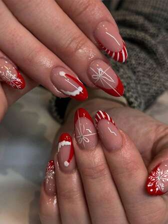 Christmas Manicure Set With 24 Long Almond-Shaped Nail Tips, French Red Christmas Hat, Decorated With White Snowflakes And Bow, The Set Includes 1 Nail File And 1 Nail Glue