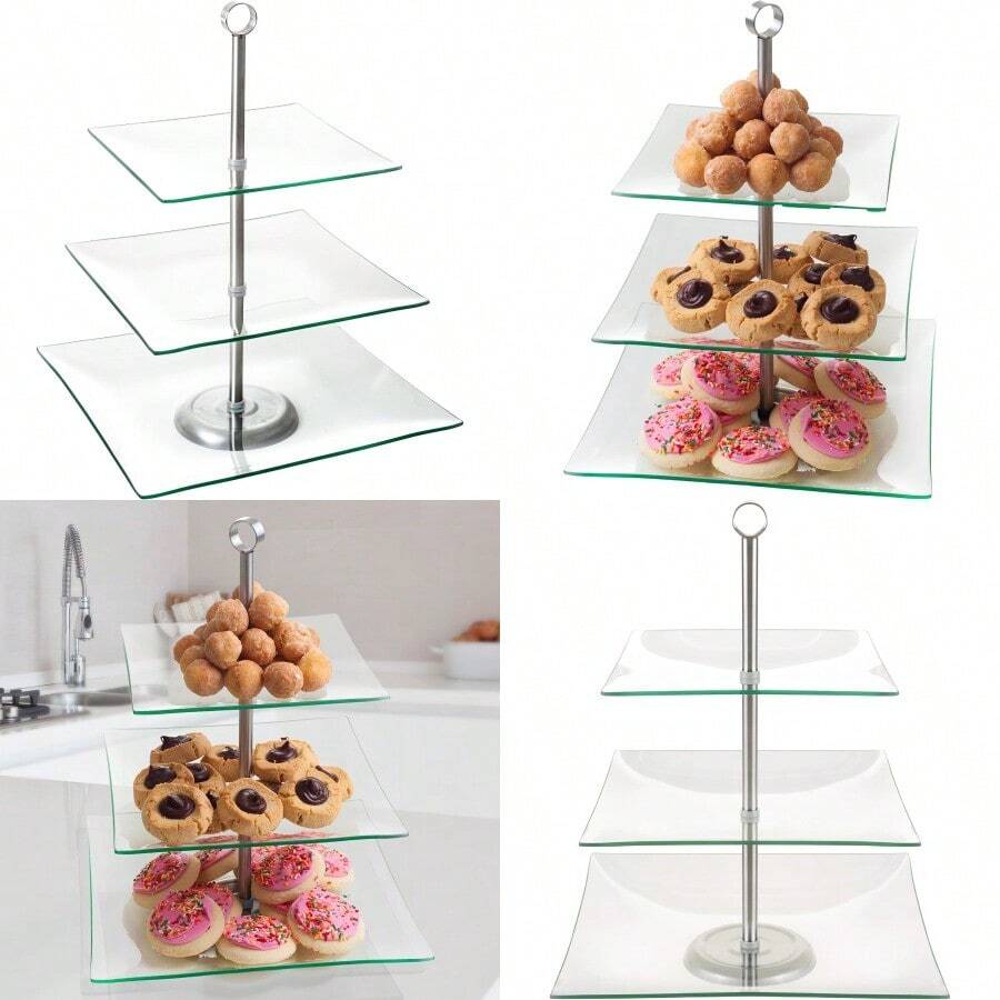 New Chef Buddy Home Dess Three Tier Square Glass Buffet And Dessert Stand 1 Pack Clear - Clear - View 1