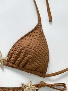 2026 Spring/Summer New Bubble Plaid Halter Drawstring Gold Starfish Decor 3 PiecesSwimsuit For Women, Vacation & Beach - Brown - View 8