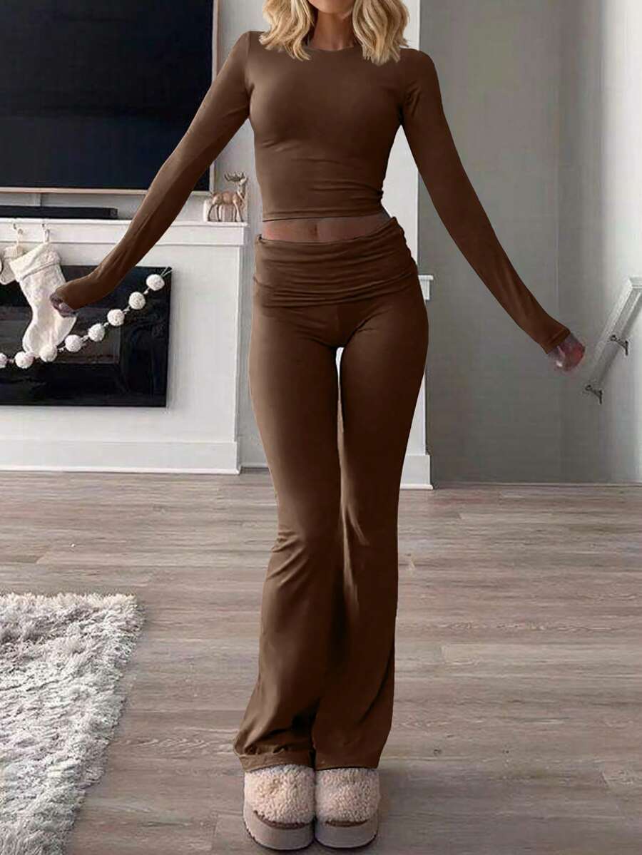 Women's Round Neck Long Sleeve T-Shirt And Pants Casual Matching Set, Versatile For Spring - Mocha Brown - View 1