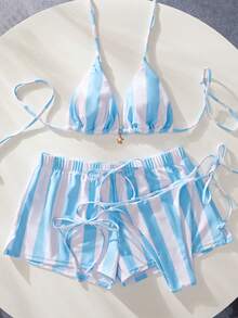 3pcs Women Swimsuit Bikini Set, Retro Light Blue & White Striped Beach Shorts/Cover Up/Holiday Outfit - Blue and White - View 8