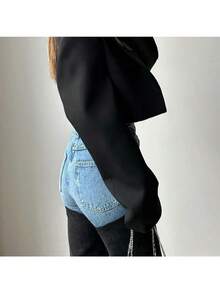 Casual Contrasting Splicing Straight Women's Old Jeans - màu đen - Xem 3