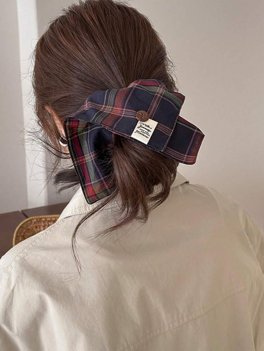 1 chiếc dây buộc tóc nữ kiểu retro kẻ caro, dây buộc tóc thanh lịch cho kiểu tóc đuôi ngựa thấp, phụ kiện tóc, dây buộc tóc, dây chun buộc tóc, phụ kiện làm đẹp tại nhà, dây chun buộc tóc. - kẻ sọc xanh hải quân kiểu Anh - Xem 1