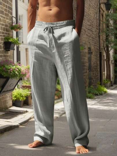 Solid Color Linen Woven Loose Casual Pocket Long Pants, Spring/Summer/Autumn