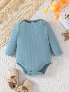 Bộ 3 món áo liền thân dài tay màu trơn, chất liệu gân sọc, thích hợp cho bé sơ sinh và bé trai, kiểu dáng giản dị, nhẹ nhàng, thích hợp cho mùa xuân/thu. - Nhiều màu - Xem 3