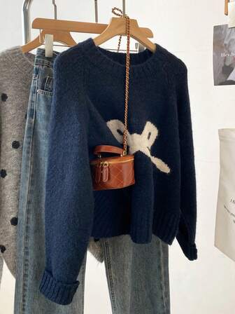 Bow Knot Crochet Autumn Sweater, Women's Ribbed Crew Neck Pullover Knit Top, Cute & Youthful