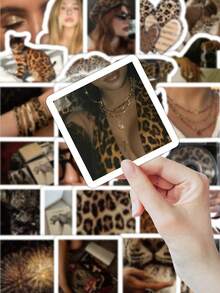 54/63pcs Leopard Print Stickers, Animal Pattern Fashion Bag Hat Cat Stickers, Retro Chic Playful Quote Vinyl Stickers, Suitable For Diary Notebook Laptop Phone Case Decor, Bold Aesthetic Gift Scrapbook Supplies Funny Stickers Laptop Stickers Kindle Phone Stickers - Multicolor - View 10