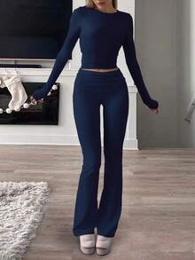 Women's Casual Round Neck Long Sleeve T-Shirt And Pants Set, Versatile For Spring - Navy Blue - View 2