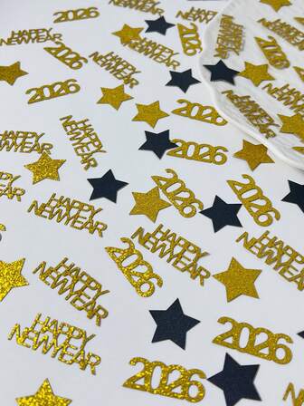 100pcs Black & Gold Star, Happy New Year 2026 Letter Shaped Confetti For New Year Party Decoration