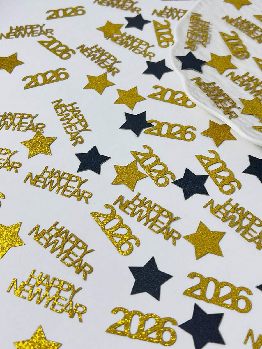 100 piezas de confeti en forma de estrella negra y dorada, letras "Feliz Año Nuevo 2026" para decoración de fiesta de Año Nuevo - oro negro - Ver 1