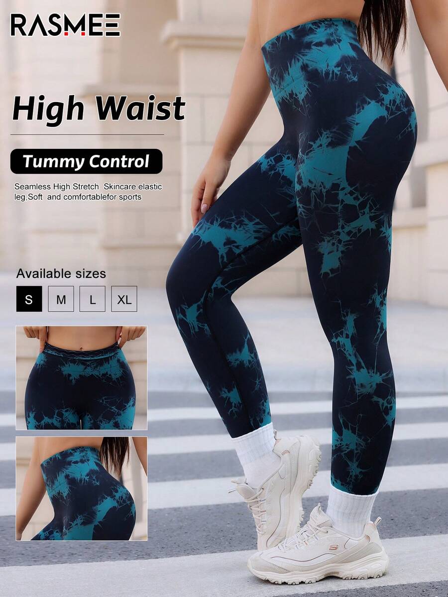 Quần tập yoga nữ, quần legging cạp cao không đường may, in họa tiết ngẫu nhiên, thích hợp cho chạy bộ, tập thể dục và thể thao mùa xuân. - Màu xanh lá cây đậm - Xem 1