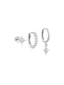 3Pcs Irregular Zirconia 925 Sterling Silver Star Earring For Women Ins Style Piercing Hoop Earring Suitable For Wedding Bridal Jewelry