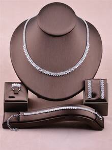 CORUIXI 4 件时尚金色 V 形女士珠宝套装，包括锆石项链、耳环、手链、戒指、钻石配饰，适合日常佩戴 - 金色 - 查看 10