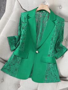 女士薄纱绿色西装外套，轻薄夏季休闲办公上衣，短款七分袖春季套装 - 綠色 - 查看 12