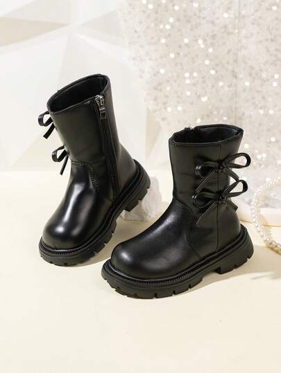 زوج من الأحذية متوسطة الطول بطراز حلو للأطفال، بوت متوسطة الطول عصرية للأطفال مزينة بفيونكة وسحاب، مناسبة للخريف والشتاء