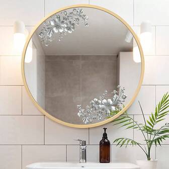 ملصق زهري فضي فاخر | ملصق مرآة حمام زهري ثلاثي الأبعاد، مقاوم للماء وسهل التطبيق، يضيف جوًا راقيًا فوريًا إلى الحمام