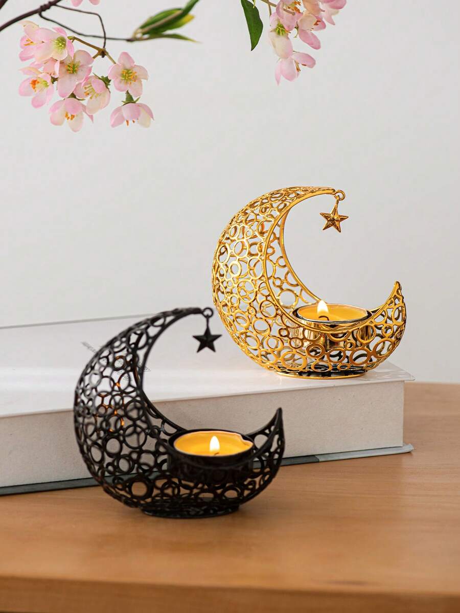 1 chân nến kim loại hình mặt trăng, màu vàng và đen, chân nến sắt phong cách sang trọng sáng tạo, trang trí tiệc để bàn thích hợp cho gia đình, văn phòng, phòng khách, trang trí ngày lễ