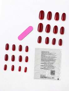 24 pezzi di unghie finte ovali corte di colore rosso ciliegia minimalista, punte per unghie bianco latte, 1 lima per unghie e 1 gel trasparente, set per manicure - Bordò - Visualizzare 3