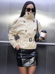 Cropped Trench Coat Women Belt Windbreaker Jacket Autumn Winter Coat Female Outfits Short Outerwears Fall Ladies Crop Bomber Jacket - Khaki - View 2