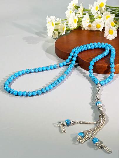 1pc Islamic 99 Beads Prayer Rosary, Made Of Milky White Faux Shell Texture With Silver Tassel Pendant, 99 Standard Beads Suitable For Religious , Dual-Purpose For Daily Wear To Elevate Elegant And Devout Use