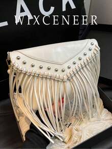 时尚复古皮革斜挎包，波西米亚风格单肩包，流苏铆钉十字装饰方形钱包休闲斜挎包，适合旅行和日常使用，便携式商务工作挎包单肩包流浪汉流苏斜挎包小手提包