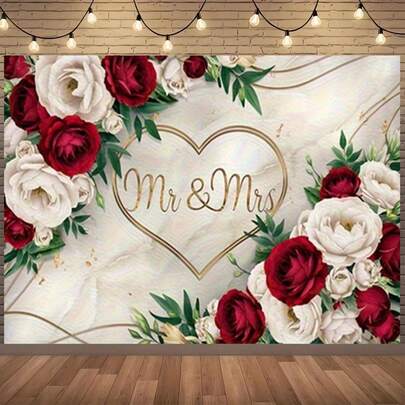 1. 优雅的“先生和夫人”心形花卉背景幕布 - 红白玫瑰，金色点缀，完美适用于婚礼、周年纪念日和浪漫庆典 | 浪漫庆典装饰 | 精致花卉设计 | 耐用涤纶横幅，婚礼装饰，多种尺寸可选