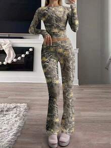 Conjunto de camiseta de manga larga de cuello redondo y pantalones casuales para mujer, versátil para la primavera - Multicolor - Ver 4
