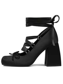 Women's Satin Ballet Chunky Block Heel Pumps Square Toe Chunky Heels Bow Mary Jane Shoes Lace Up Lolita Cosplay Shoes Mary Jane Cute Goth Elegant Wedding Party Shoes For Women - 黑色 - 查看 4