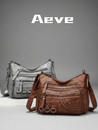 女士纯色大容量手提包，多口袋复古优雅斜挎包，带拉链口袋、皮革肩带、编织装饰，防水PU防盗户外购物妈妈包，轻便便携小袋可装手机、零钱，适合购物、聚会、商务场合