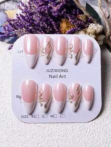 10片手工杏仁白法式金不对称3D线条精致简约时尚假指甲美甲用品 - 彩色 - 查看 12