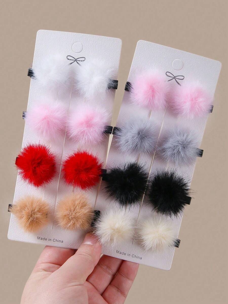 6/8/15pcs Colorful Pom Pom Hair Clips, Cute & Sweet Decor For Girls, Fashionable Hair Accessories Suitable For Casual, Holiday, Party Outfits - Multicolor - View 1
