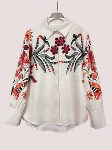 女士春夏数码印花衬衫，时尚优雅休闲宽松长袖翻领开衫，适合日常穿着、通勤和度假。 - 杏色 - 查看 5