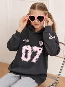 1pc Tween Girl Thermal Lined Warm Sweatshirt With 07 Print, Warm Young Student Clothing, Suitable Autumn/Winter Long Sleeve Top - Dark Grey - View 2