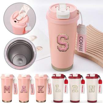 1个不锈钢咖啡杯保温杯带吸管保温水瓶车载保温咖啡杯，白色字母防滑旅行车载保温瓶