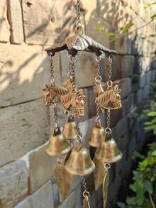 1pc Cast Iron Wind Chime Cover, Iron Art Bell Wind Chime Hanging Decor With Decorative Chain, Outdoor Garden Ornament, No Electricity Needed, Adds Soothing Sounds To Balcony, Patio, Porch, Garden - Bronze - View 4