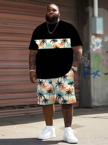 2pcs Big & Tall Men's Black Base Coconut Tree Patchwork Set, Partial Print Shirt + All-Over Tropical Print Shorts, Summer - màu đen - Xem 1