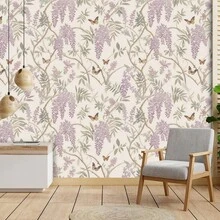 1卷优雅紫藤花卉自粘壁纸，乙烯基材质，防水可移除，即撕即贴，复古紫色花卉蝴蝶图案，美观的墙面装饰，适用于卧室、客厅、浴室家居墙面装饰、家具翻新贴纸 - 彩色 - 查看 2