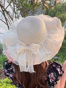 Mũ lưới chống nắng, mũ rơm mùa hè, mũ chống nắng đi biển, mũ polyester thắt nơ, chống gió, chống tia UV, thời trang đa năng, thích hợp cho mùa xuân và mùa hè. - mũ - Xem 4