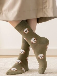 1/5双装女士狗狗图案趣味个性化中筒袜，春秋季 - 彩色 - 查看 9